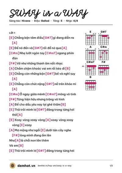 Hợp âm SWAY is a WAY (Hivane) – bản nhạc PDF trang 1, tông E
