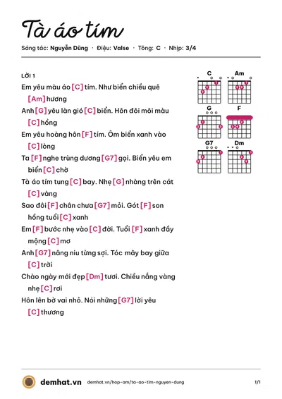 Hợp âm Tà áo tím (Phương Thùy) – bản nhạc PDF trang 1, tông C