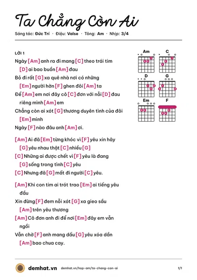 Hợp âm Ta Chẳng Còn Ai (Phương Thanh) – bản nhạc PDF trang 1, tông Am