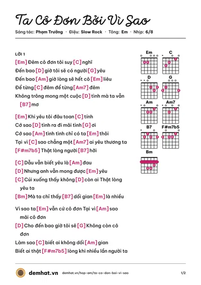 Hợp âm Ta Cô Đơn Bởi Vì Sao (Vboys) – bản nhạc PDF trang 1, tông Em