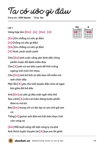 Hợp âm Ta có ước gì đâu (G5R Squad) – bản nhạc PDF trang 1, tông Em