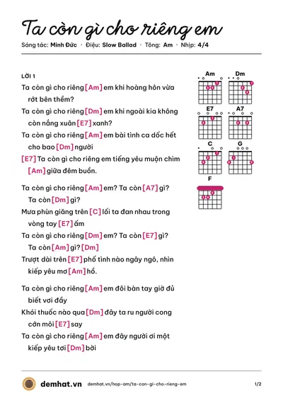 Hợp âm Ta còn gì cho riêng em (Duy Long) – bản nhạc PDF trang 1, tông Am