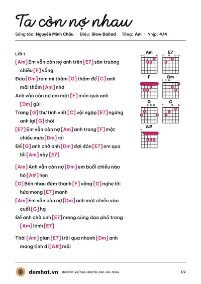Hợp âm Ta còn nợ nhau (Nguyễn Hoàng Thông) – bản nhạc PDF trang 1, tông Am
