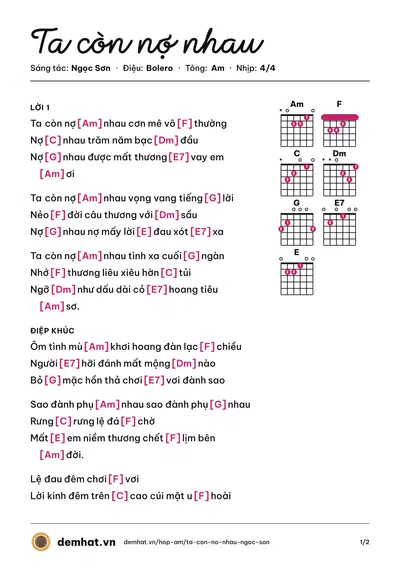 Hợp âm Ta còn nợ nhau (Ngọc Sơn) – bản nhạc PDF trang 1, tông Am