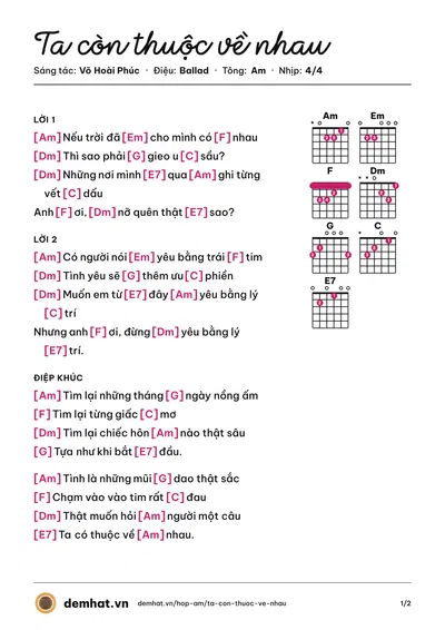 Hợp âm Ta còn thuộc về nhau (Hương Tràm) – bản nhạc PDF trang 1, tông Am