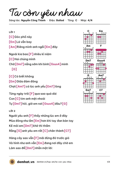 Hợp âm Ta còn yêu nhau (Đức Phúc) – bản nhạc PDF trang 1, tông C