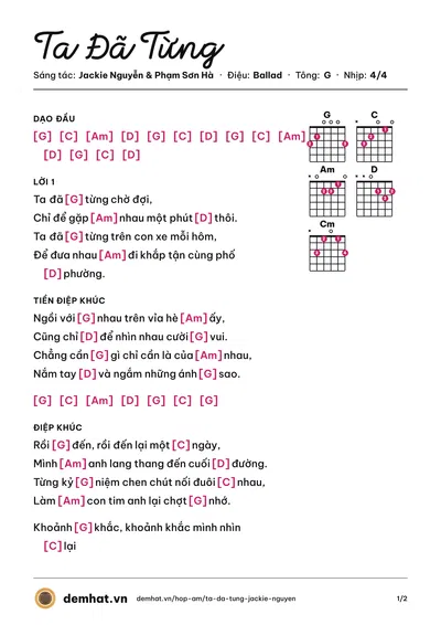 Hợp âm Ta Đã Từng (Jackie Nguyễn) – bản nhạc PDF trang 1, tông G