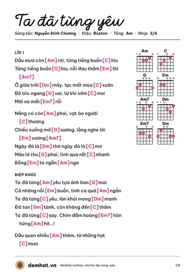 Hợp âm Ta đã từng yêu (Nguyễn Đình Chương) – bản nhạc PDF trang 1, tông Am