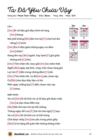Hợp âm Ta Đã Yêu Chưa Vậy (Isaac Thái) – bản nhạc PDF trang 1, tông Dm