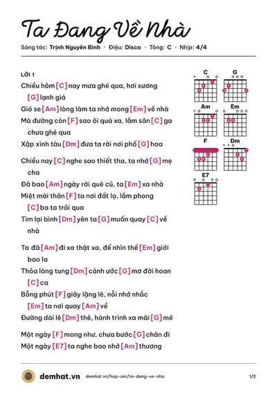 Hợp âm Ta Đang Về Nhà (Huỳnh Thông) – bản nhạc PDF trang 1, tông C