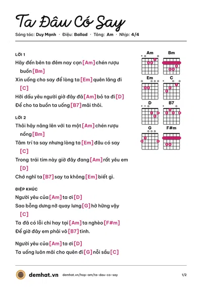 Hợp âm Ta Đâu Có Say (Duy Mạnh) – bản nhạc PDF trang 1, tông Am