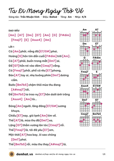 Hợp âm Ta Đi Mong Ngày Trở Về (Quốc Huy) – bản nhạc PDF trang 1, tông Am
