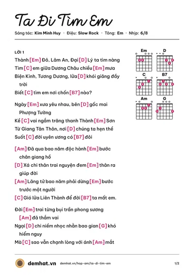 Hợp âm Ta Đi Tìm Em (Đàm Vĩnh Hưng) – bản nhạc PDF trang 1, tông Em