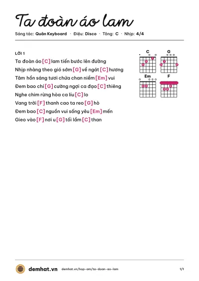 Hợp âm Ta đoàn áo lam (Quân Keyboard) – bản nhạc PDF trang 1, tông C