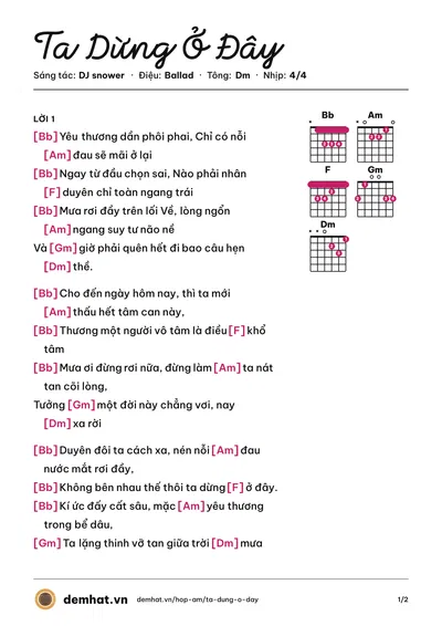 Hợp âm Ta Dừng Ở Đây (Nguyễn Quốc Việt) – bản nhạc PDF trang 1, tông Dm