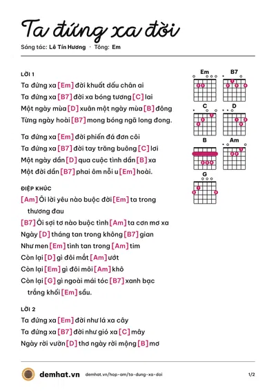 Hợp âm Ta đứng xa đời (Thanh Hà) – bản nhạc PDF trang 1, tông Em
