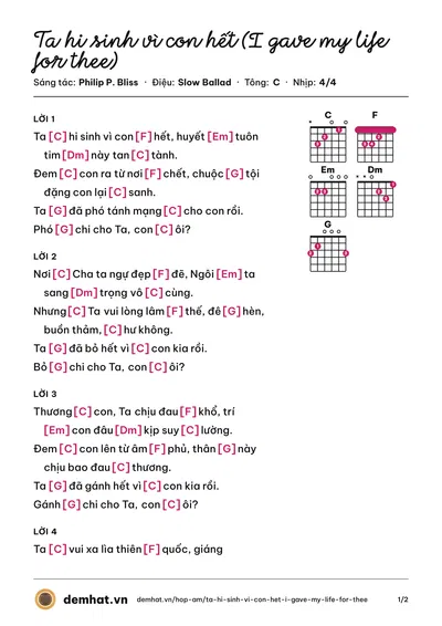 Hợp âm Ta hi sinh vì con hết (I gave my life for thee) (Isaac Thái) – bản nhạc PDF trang 1, tông C