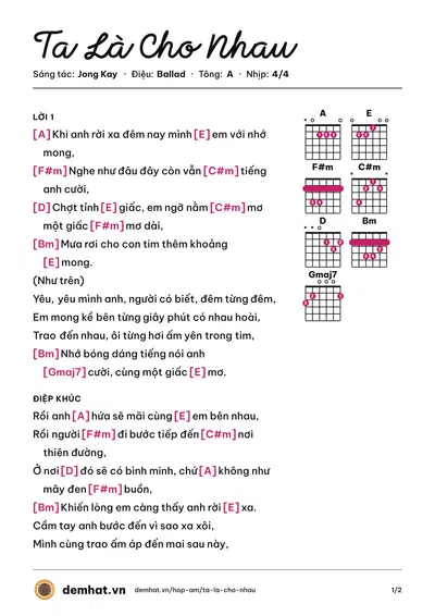 Hợp âm Ta Là Cho Nhau (Miu Lê) – bản nhạc PDF trang 1, tông A