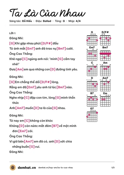 Hợp âm Ta Là Của Nhau (Ông Cao Thắng) – bản nhạc PDF trang 1, tông G