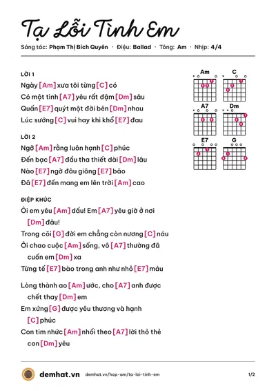 Hợp âm Tạ Lỗi Tình Em (Quốc Duy) – bản nhạc PDF trang 1, tông Am