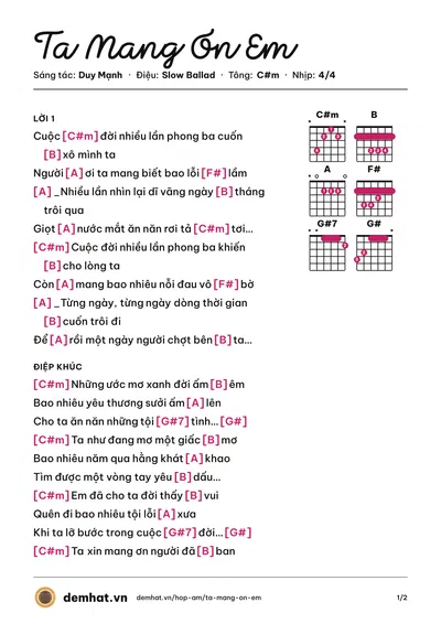Hợp âm Ta Mang Ơn Em (Duy Mạnh) – bản nhạc PDF trang 1, tông C#m