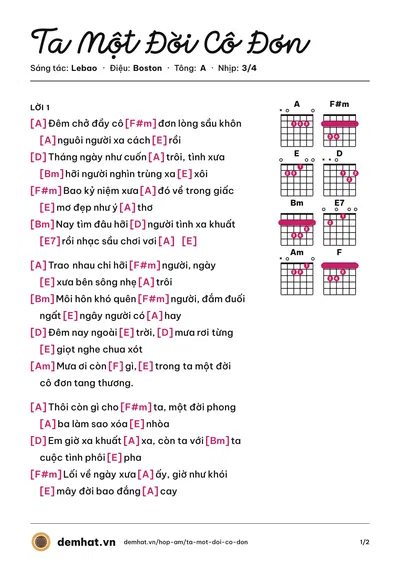 Hợp âm Ta Một Đời Cô Đơn (Lebao) – bản nhạc PDF trang 1, tông A