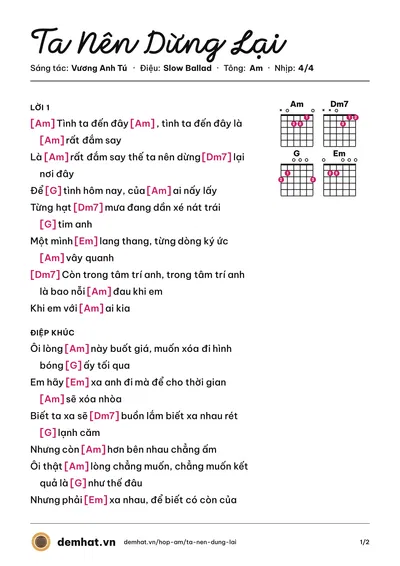 Hợp âm Ta Nên Dừng Lại (Ông Cao Thắng) – bản nhạc PDF trang 1, tông Am