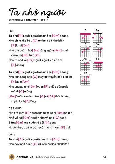 Hợp âm Ta nhớ người (Bạch Yến) – bản nhạc PDF trang 1, tông F