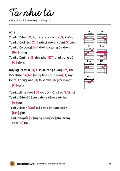 Hợp âm Ta như là (Thái Hiền) – bản nhạc PDF trang 1, tông G