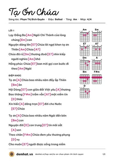 Hợp âm Tạ Ơn Chúa (Sr Nguyễn Xoan) – bản nhạc PDF trang 1, tông Am