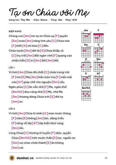Hợp âm Tạ ơn Chúa với Mẹ (Mai Trâm) – bản nhạc PDF trang 1, tông Am