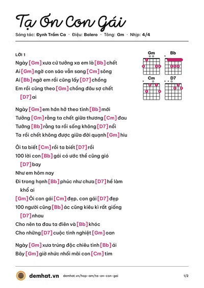 Hợp âm Tạ Ơn Con Gái (Chế Phong) – bản nhạc PDF trang 1, tông Gm