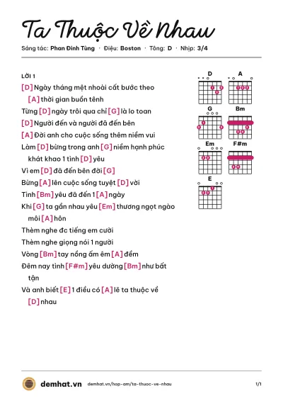 Hợp âm Ta Thuộc Về Nhau (Phan Đinh Tùng) – bản nhạc PDF trang 1, tông D