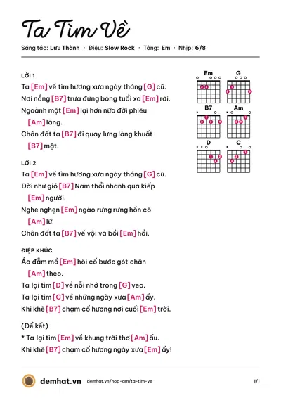 Hợp âm Ta Tìm Về (Lưu Thành) – bản nhạc PDF trang 1, tông Em
