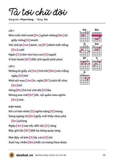Hợp âm Tả tơi chữ đời (Đông Dương) – bản nhạc PDF trang 1, tông Em
