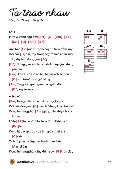 Hợp âm Ta trao nhau (TLong) – bản nhạc PDF trang 1, tông Em