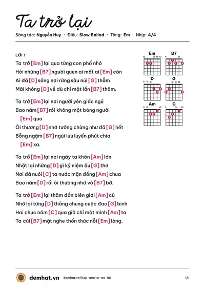 Hợp âm Ta trở lại (Nguyễn Huy) – bản nhạc PDF trang 1, tông Em