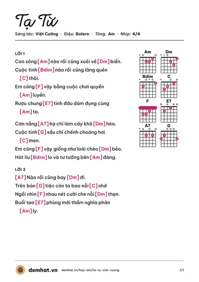 Hợp âm Tạ Từ (Minh Hiền) – bản nhạc PDF trang 1, tông Am