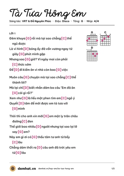 Hợp âm Tà Tưa Hông Em (Đỗ Nguyên Phúc) – bản nhạc PDF trang 1, tông G
