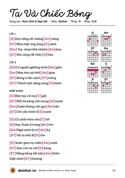 Hợp âm Ta Và Chiếc Bóng (Nam Vĩnh) – bản nhạc PDF trang 1, tông G