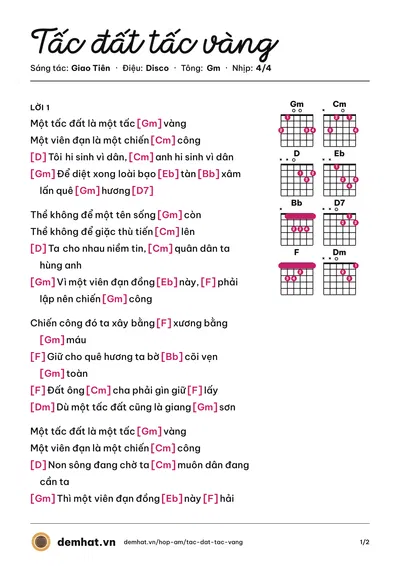 Hợp âm Tấc đất tấc vàng (Mai Lệ Huyền) – bản nhạc PDF trang 1, tông Gm