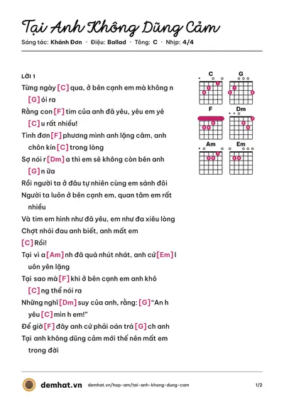 Hợp âm Tại Anh Không Dũng Cảm (Akira Phan) – bản nhạc PDF trang 1, tông C