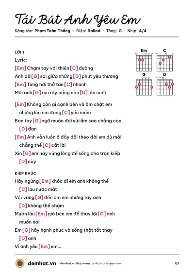 Hợp âm Tái Bút Anh Yêu Em (Hà Anh Tuấn) – bản nhạc PDF trang 1, tông G