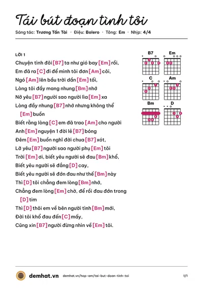 Hợp âm Tái bút đoạn tình tôi (Trương Tấn Tài) – bản nhạc PDF trang 1, tông Em