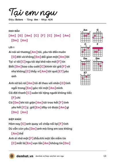 Hợp âm Tại em ngu (Mộng Nghi) – bản nhạc PDF trang 1, tông Am