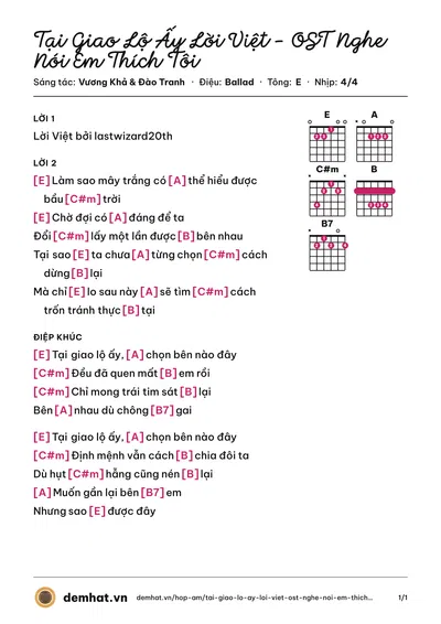 Hợp âm Tại Giao Lộ Ấy Lời Việt - OST Nghe Nói Em Thích Tôi (Trịnh Bặc Nhân) – bản nhạc PDF trang 1, tông E