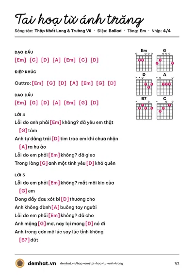 Hợp âm Tai hoạ từ ánh trăng (Thập Nhất Lang) – bản nhạc PDF trang 1, tông Em