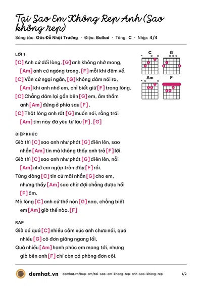 Hợp âm Tại Sao Em Không Rep Anh (Sao không rep) (Otis Đỗ Nhật Trường) – bản nhạc PDF trang 1, tông C