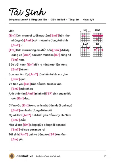 Hợp âm Tái Sinh (Tùng Dương) – bản nhạc PDF trang 1, tông Em
