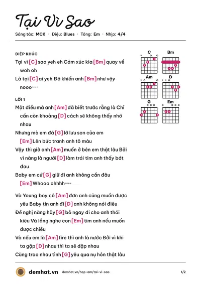 Hợp âm Tại Vì Sao (MCK) – bản nhạc PDF trang 1, tông Em